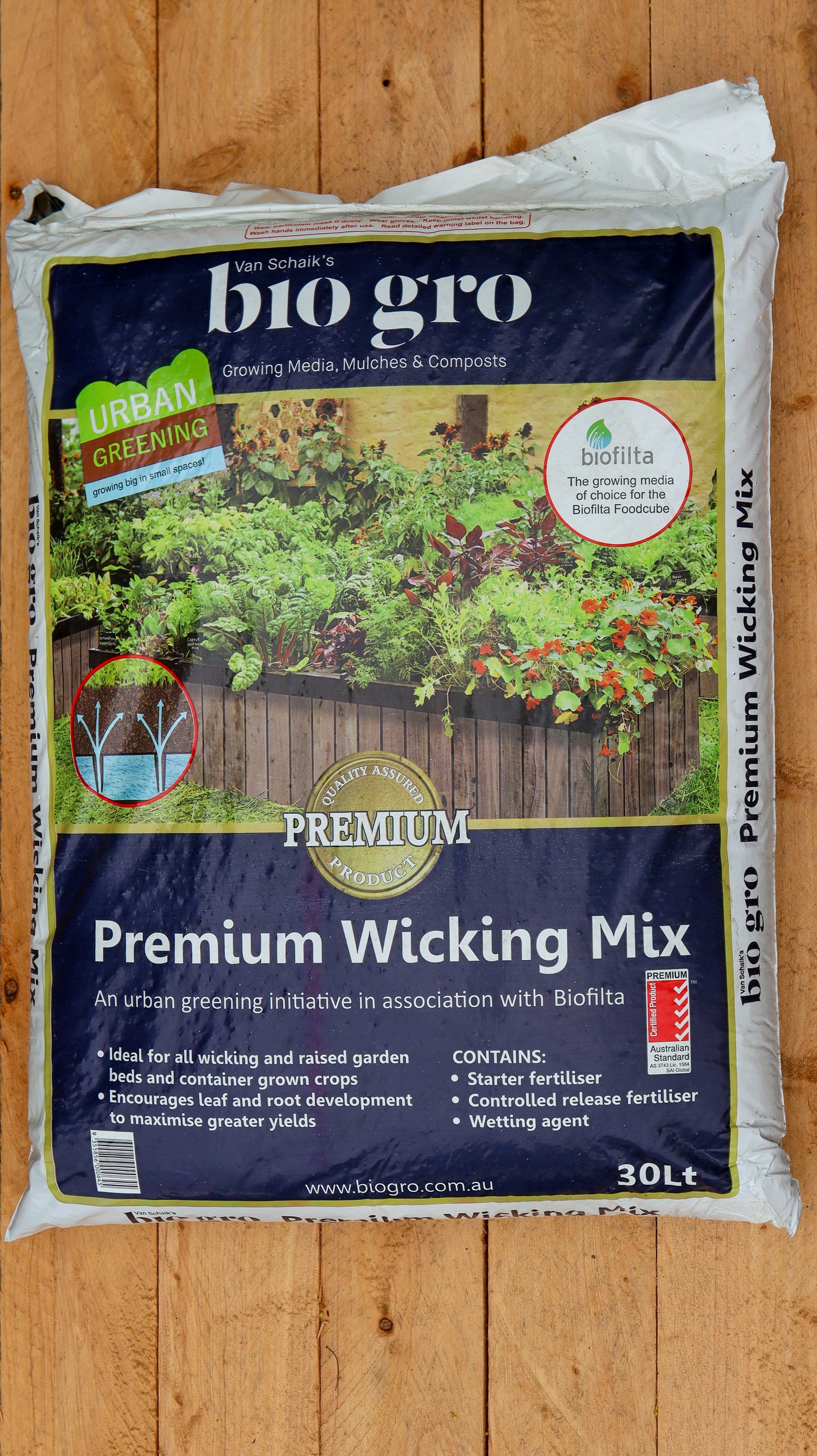 Bag of Bio Gro Premium Wicking Mix on a wooden surface