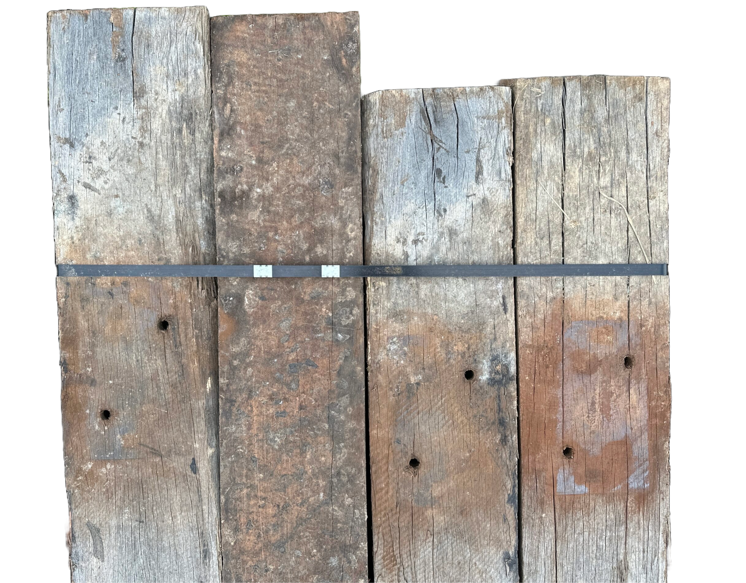 Three rustic wooden railway sleepers with visible grain and wear 